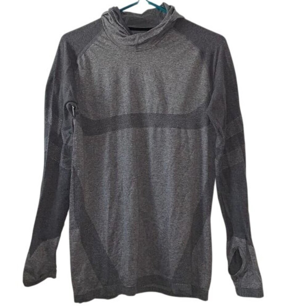 Gray Hooded Long Sleeve Athletic Shirt With Thumbholes Wicking Fabric Womens L